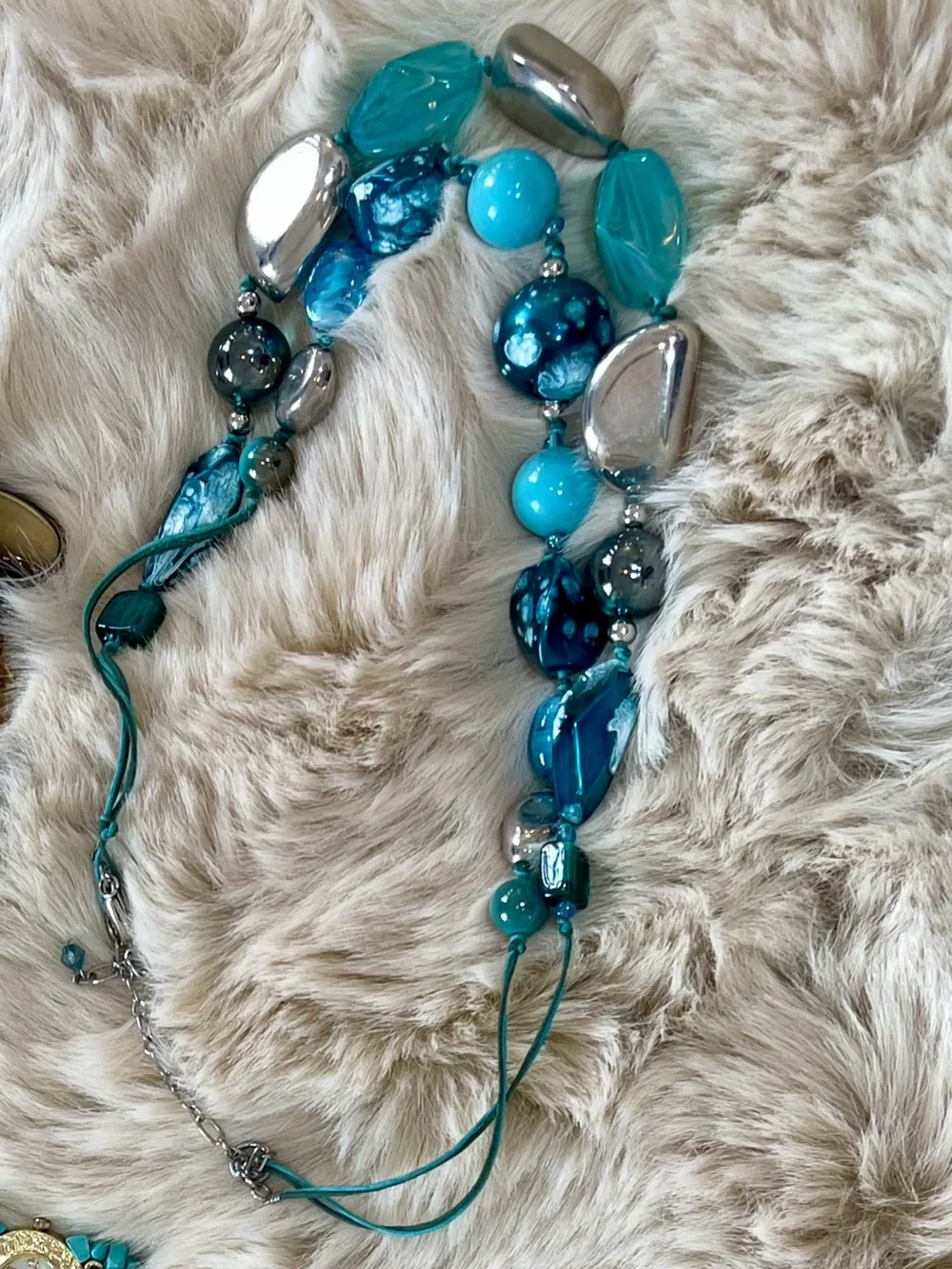 3 Multi-Strand Beaded Necklaces Set in Teal and Amber, multi stones